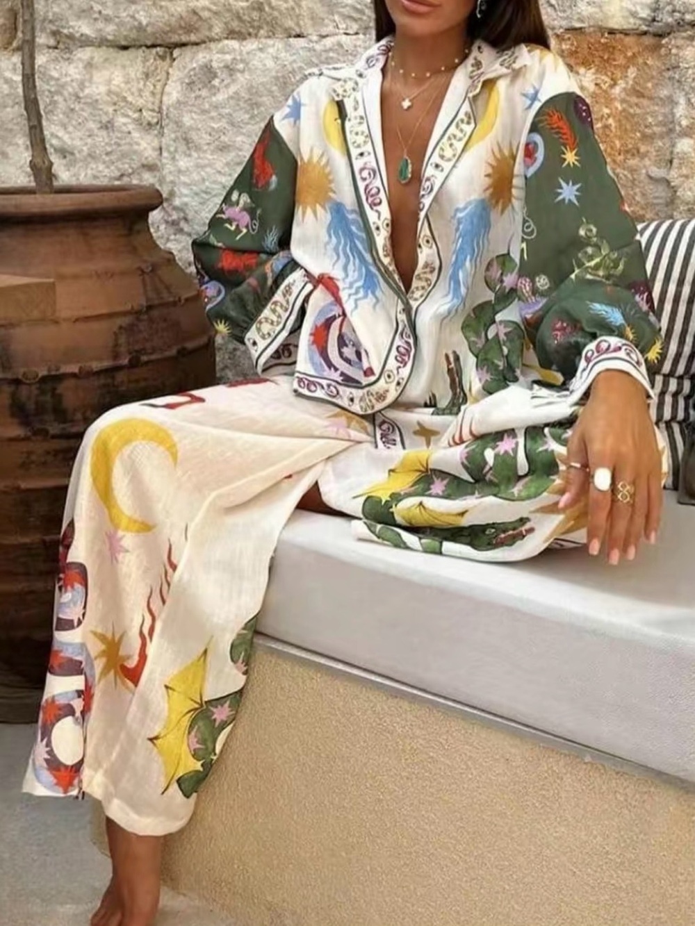 Women’s Two-Piece Lightweight Vacation Set - Celestial & Mythical Print